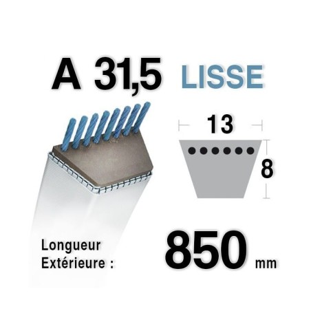 COURROIE A31,5 - A315 - A31-1/2 - 13 mm x 8 mm Longueur extérieure 850 mm